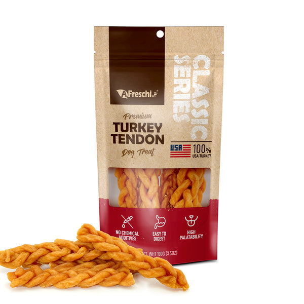 Afreschi Turkey Tendon for Dogs, Dog Treats for Classic Series, All Natural Human Grade Dog Treat, Suitable for Training chew, Ingredient Sourced from USA, Rawhide Alternative, Braided Stick